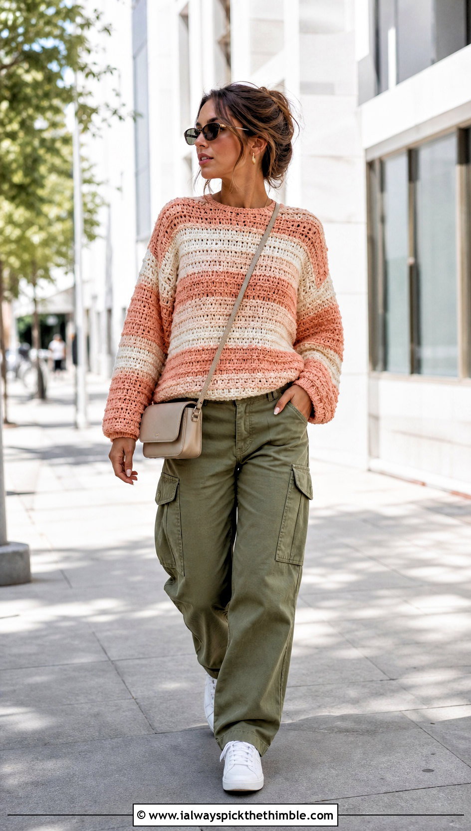 Striped Crochet Sweater With Cargo Pants - 20 Crochet Ladies Sweater outfit ideas