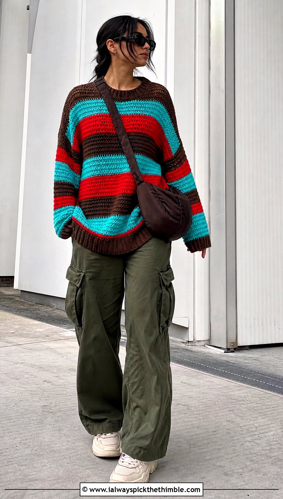 Striped Crochet Sweater With Cargo Pants - 20 Crochet Quick Sweater outfit ideas