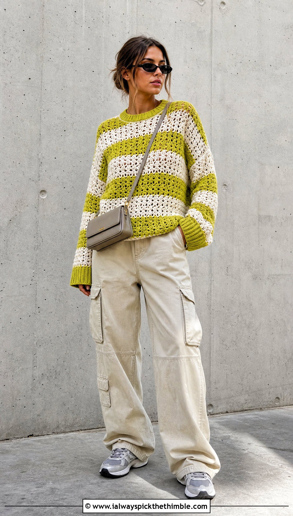 Striped Crochet Sweater With Cargo Pants - 20 Funky Crochet Sweater outfit ideas
