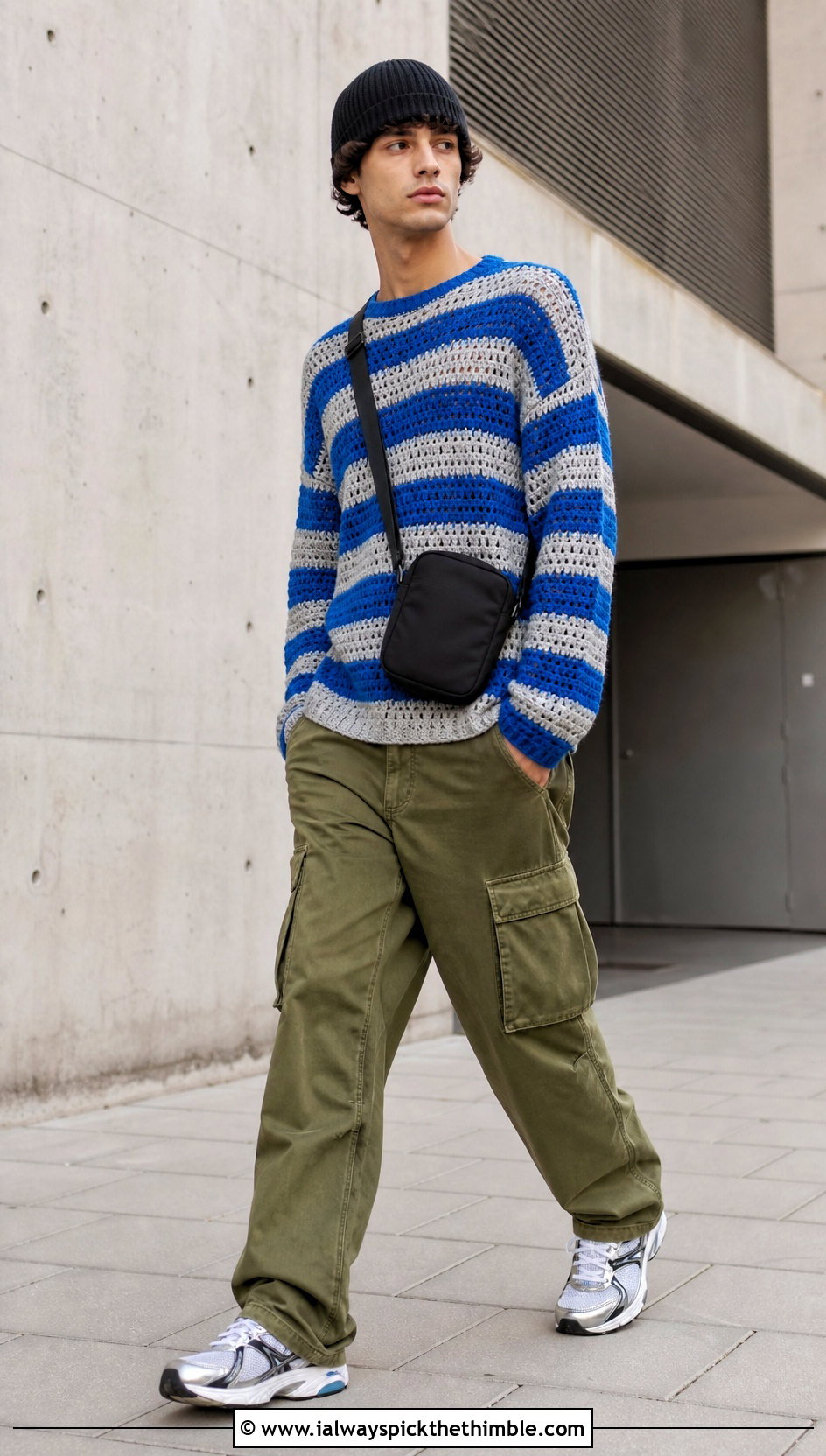 Striped Crochet Sweater With Cargo Pants - 20 men's crochet sweater outfit ideas