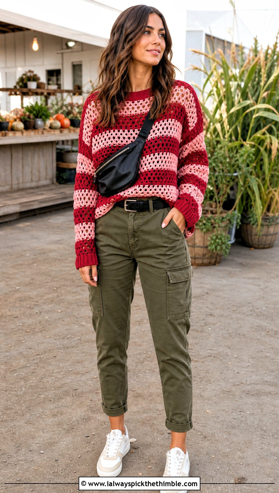 Striped Crochet Sweater With Cargo Pants - 25 fall crochet sweater outfit ideas