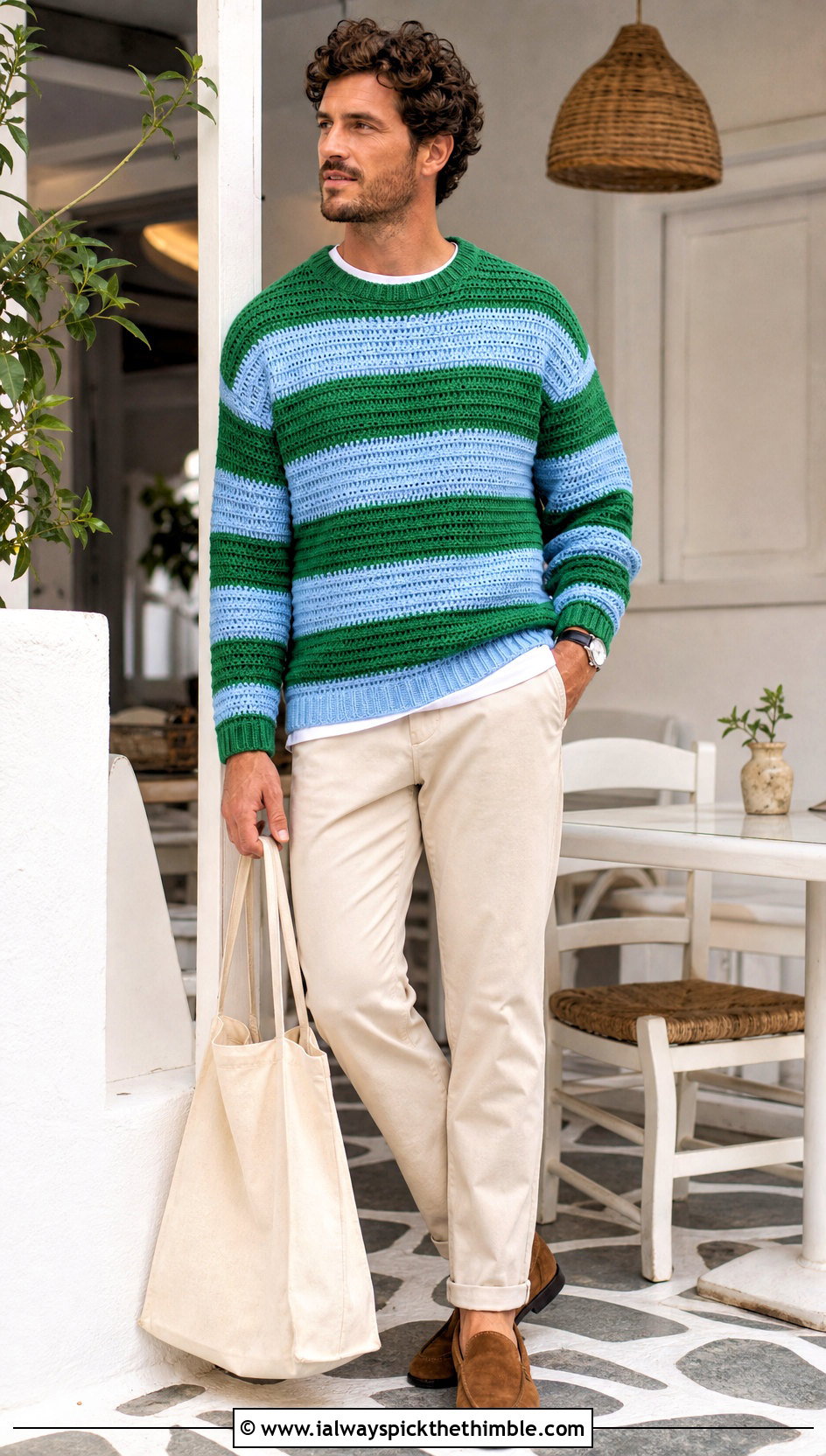 Striped Crochet Sweater With Chino Pants - 20 man crochet sweater outfit ideas