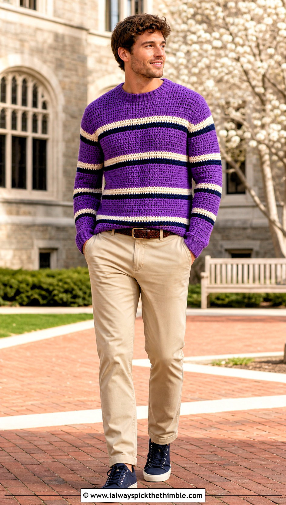 Striped Crochet Sweater With Chinos - 25 crochet sweater for men outfit ideas
