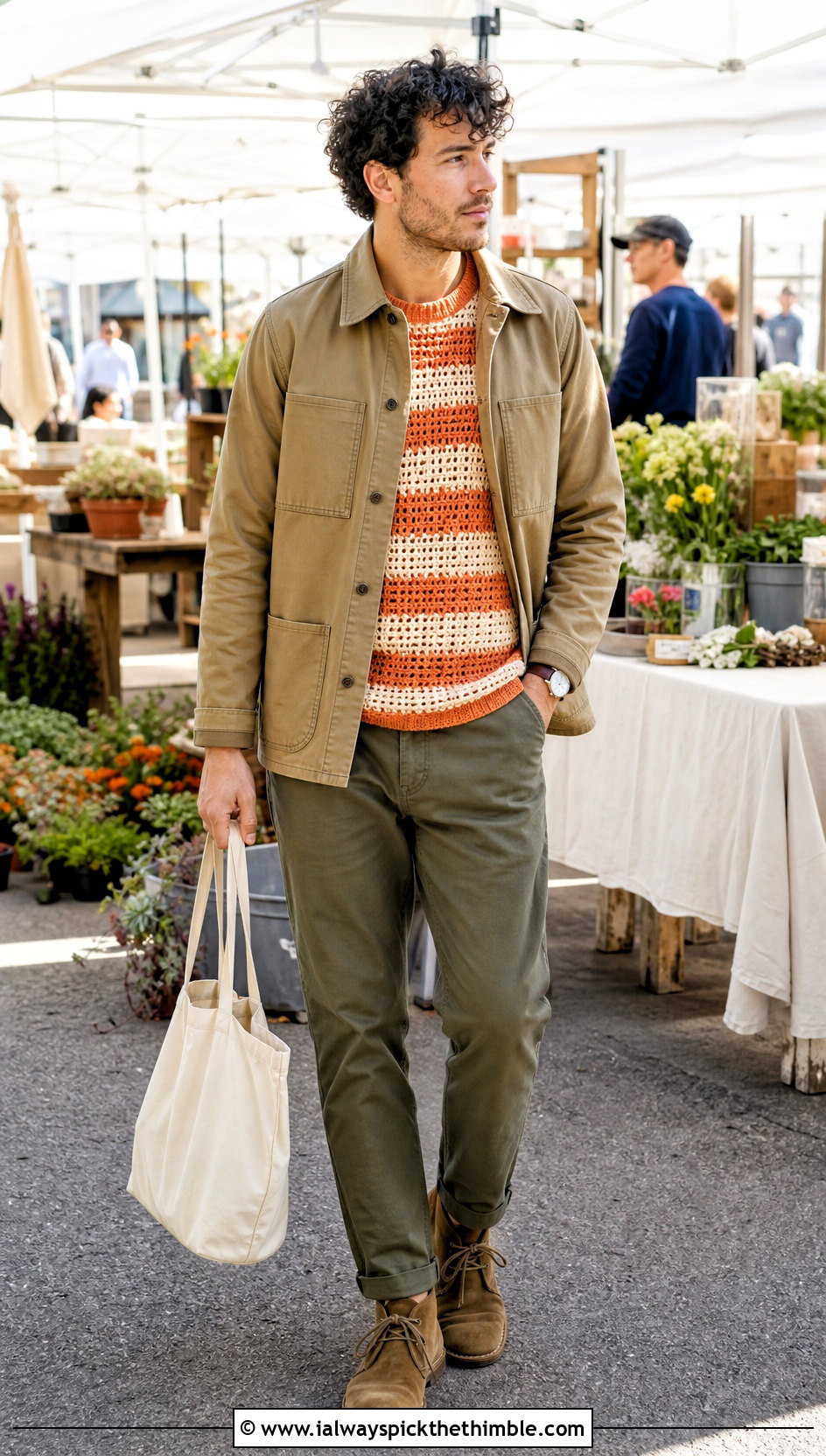 Striped Crochet Sweater With Chore Jacket And Chinos - 25 men's crochet sweater ideas