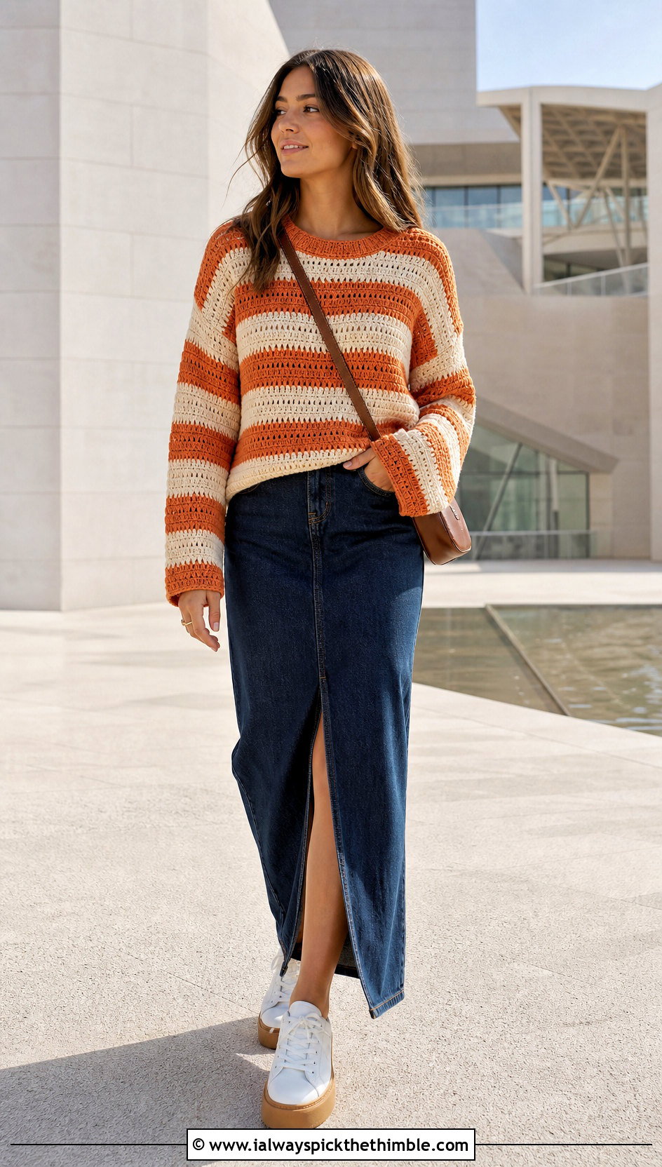 Striped Crochet Sweater With Denim Maxi Skirt - 25 crochet sweater ideas