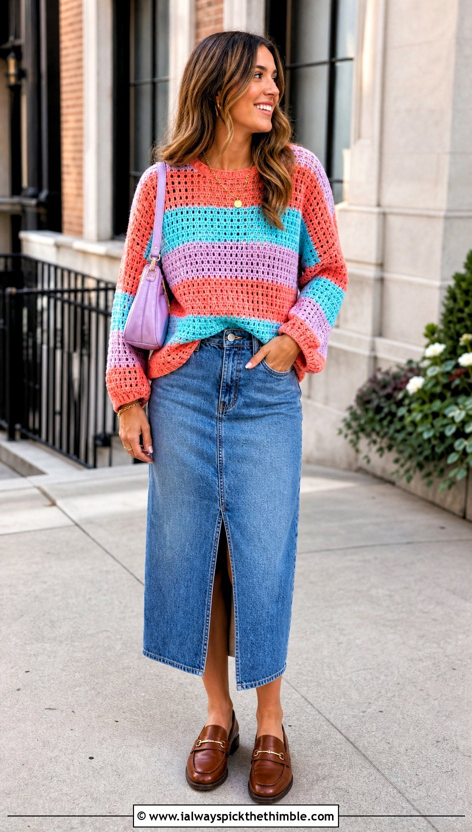 Striped Crochet Sweater With Denim Midi Skirt - 25 crochet sweater design for women outfit ideas