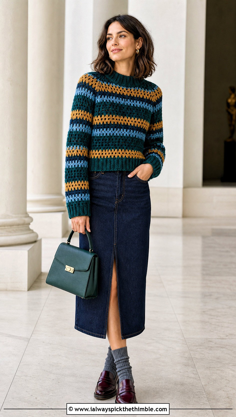 Striped Crochet Sweater With Denim Midi Skirt - 25 crochet sweaters women outfit ideas