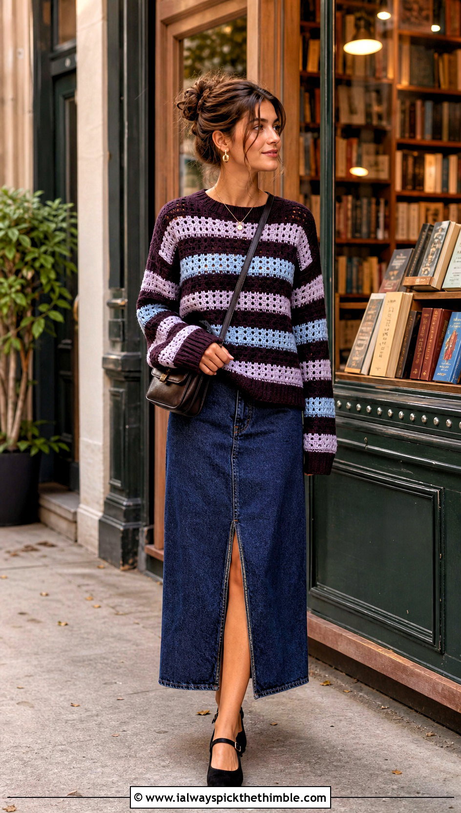 Striped Crochet Sweater With Denim Midi Skirt - 25 easy crochet sweater outfit ideas