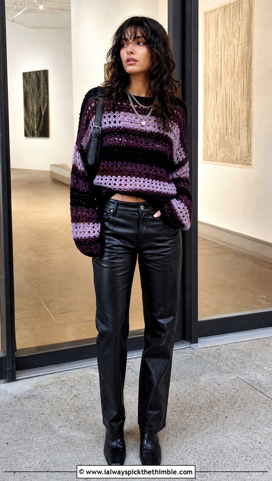 Striped Crochet Sweater With Leather Pants - 15 Boho Style Crochet Sweater outfit ideas