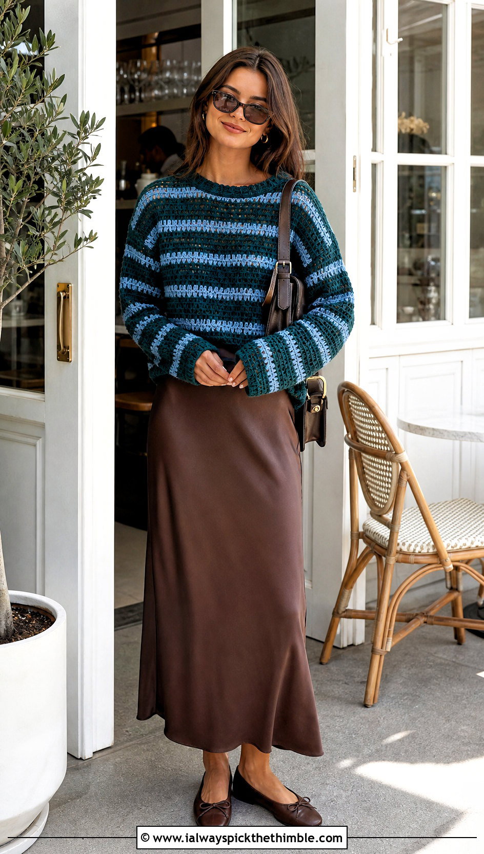 Striped Crochet Sweater With Satin Slip Skirt - 20 Comfy Crochet Sweater outfit ideas