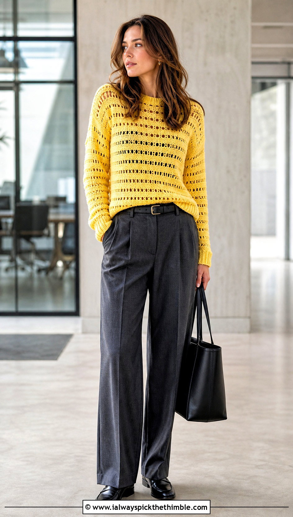 Striped Crochet Sweater With Tailored Trousers - 20 Patterned Crochet Sweater outfit ideas