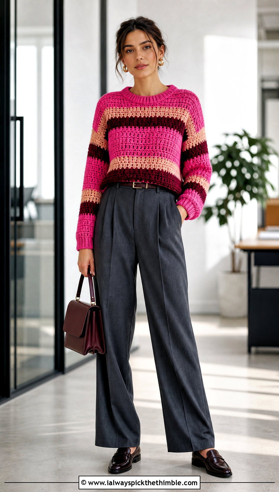 Striped Crochet Sweater With Tailored Trousers - 20 Boho Crochet Sweater outfit ideas