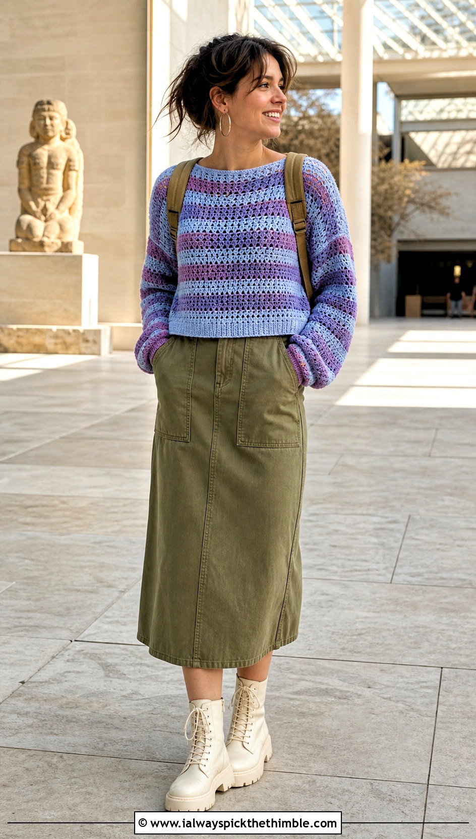 Striped Crochet Sweater With Utility Skirt - 20 crochet women sweater outfit ideas