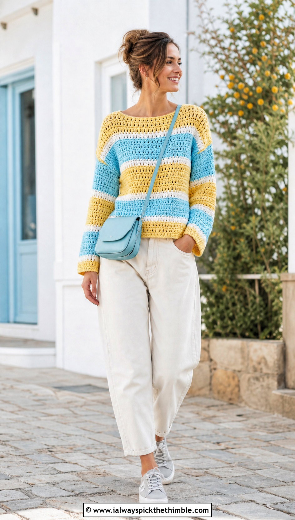 Striped Crochet Sweater With White Barrel Jeans - 15 Crochet Comfy Sweater outfit ideas