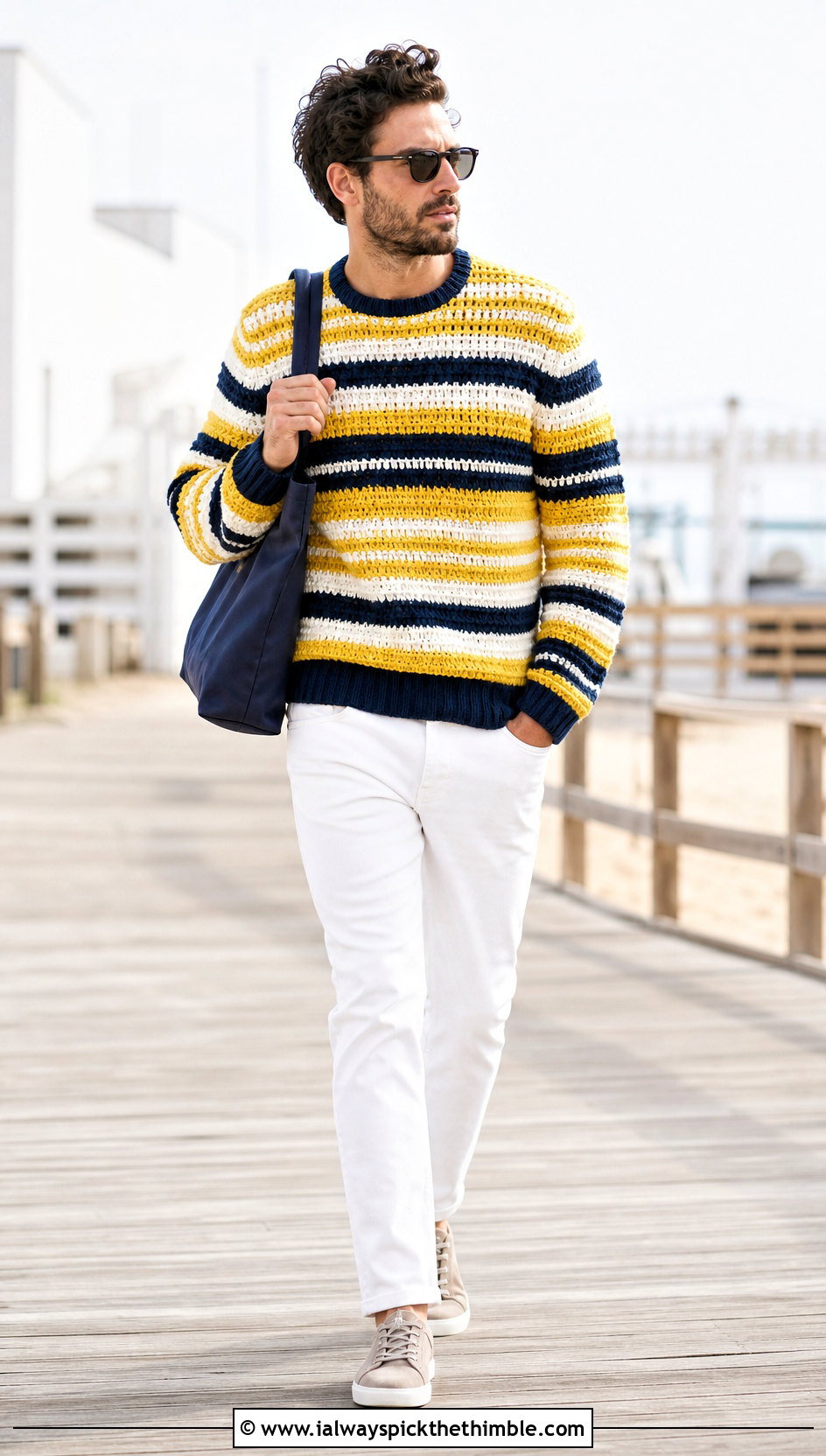 Striped Crochet Sweater With White Jeans - 20 crochet sweater for man outfit ideas