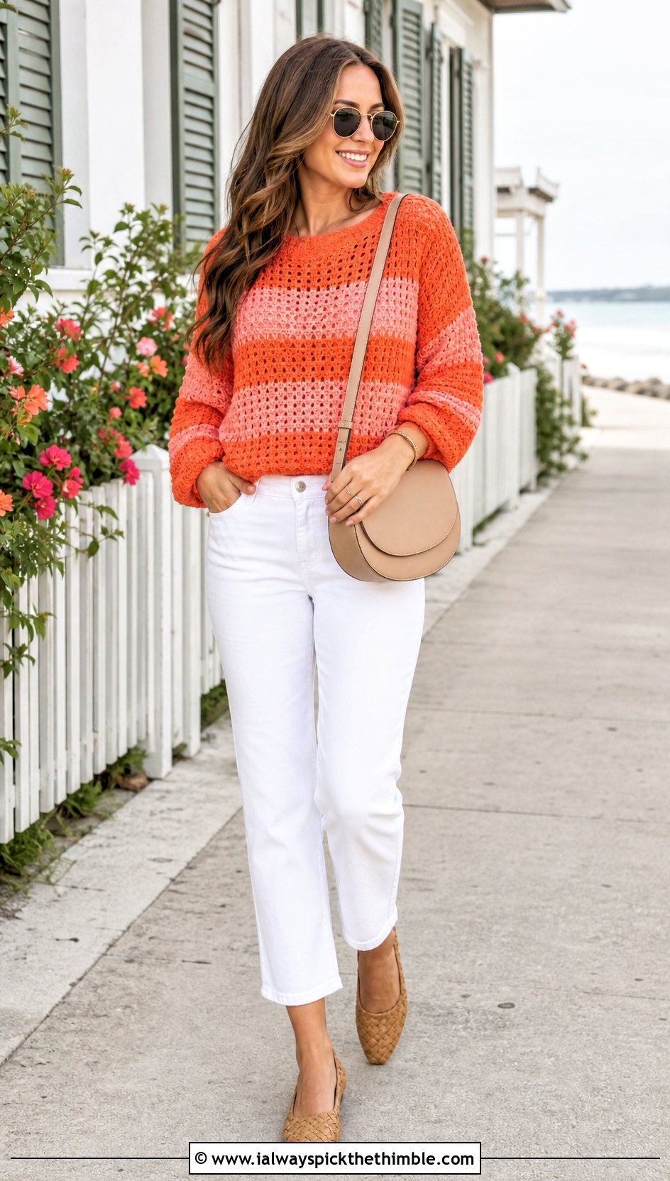 Striped Crochet Sweater With White Jeans - 25 crochet sweaters outfit ideas