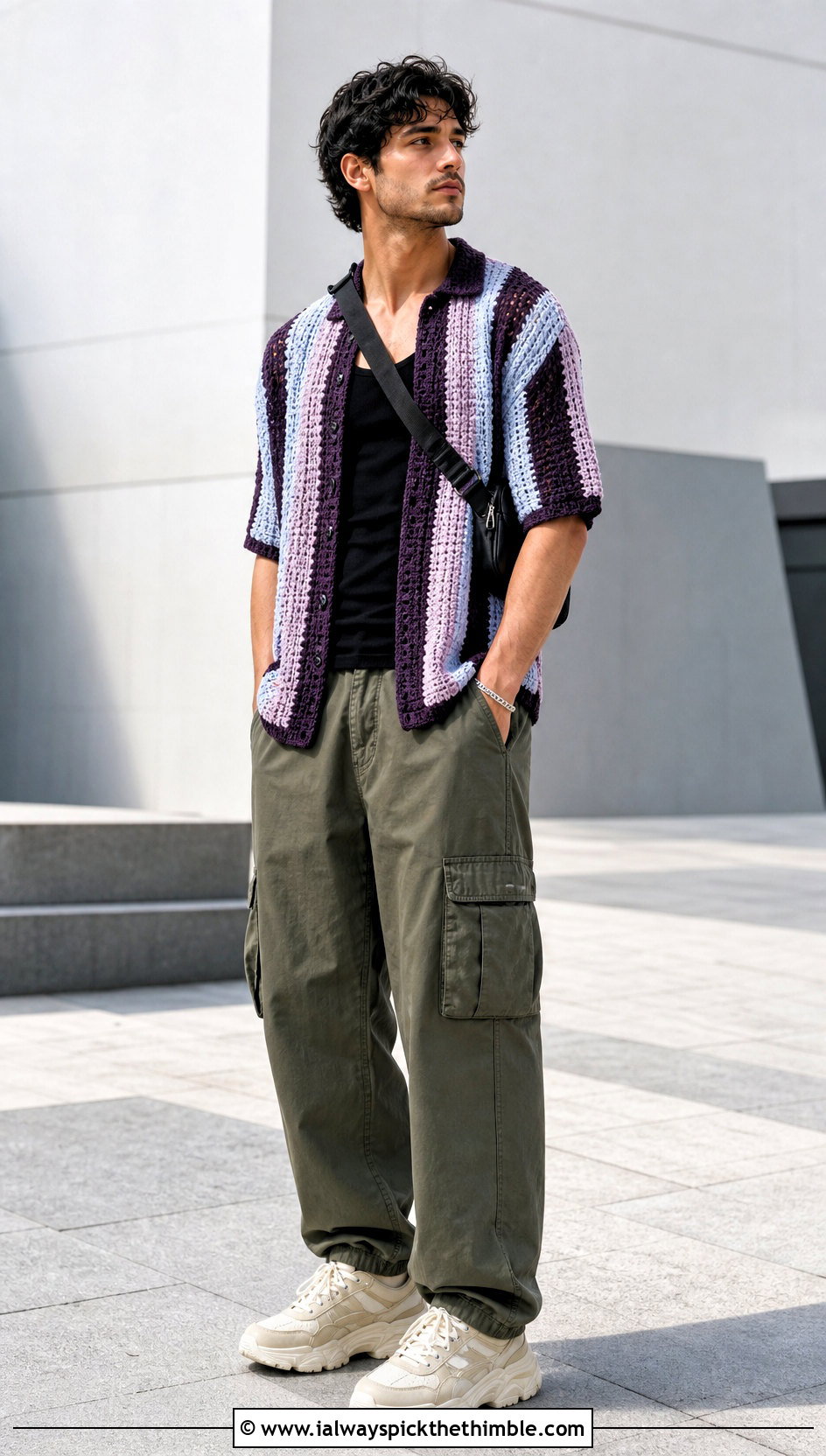 Striped Crochet T Shirt With Cargo Pants - 15 crochet tops for men outfit ideas