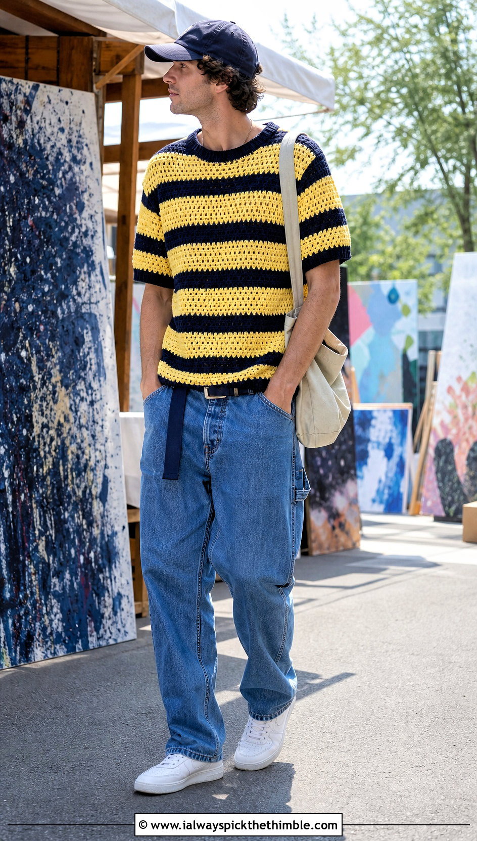 Striped Crochet T Shirt With Carpenter Jeans - 25 crochet clothes for men outfit ideas