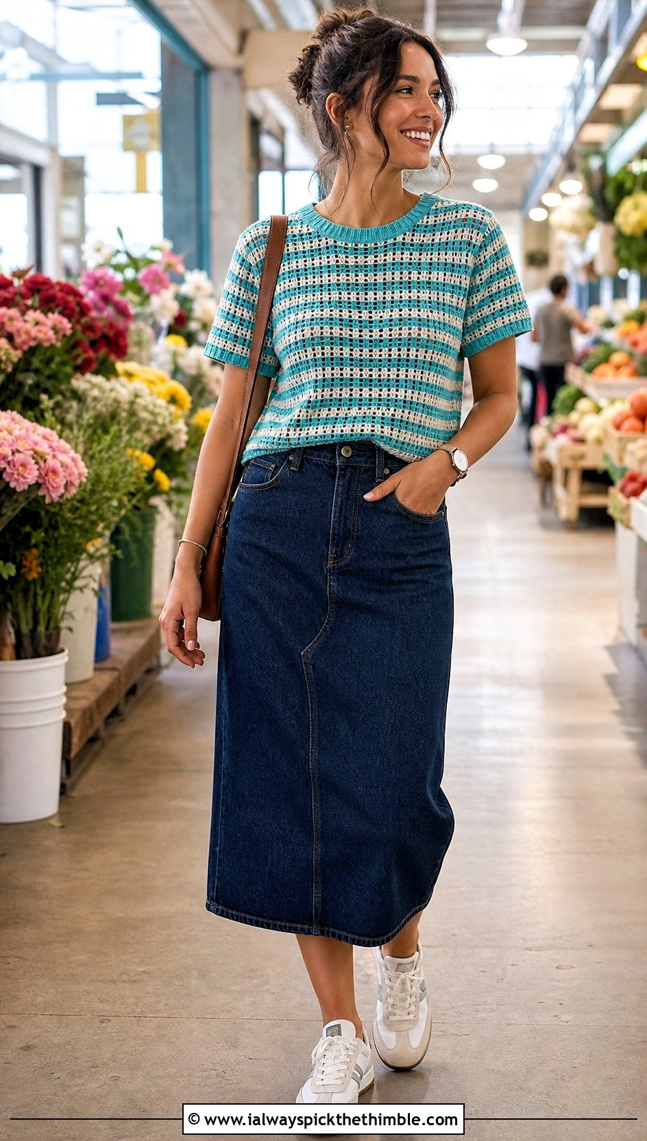 Striped Crochet T Shirt With Denim Midi Skirt - 25 knitted crochet top outfit ideas