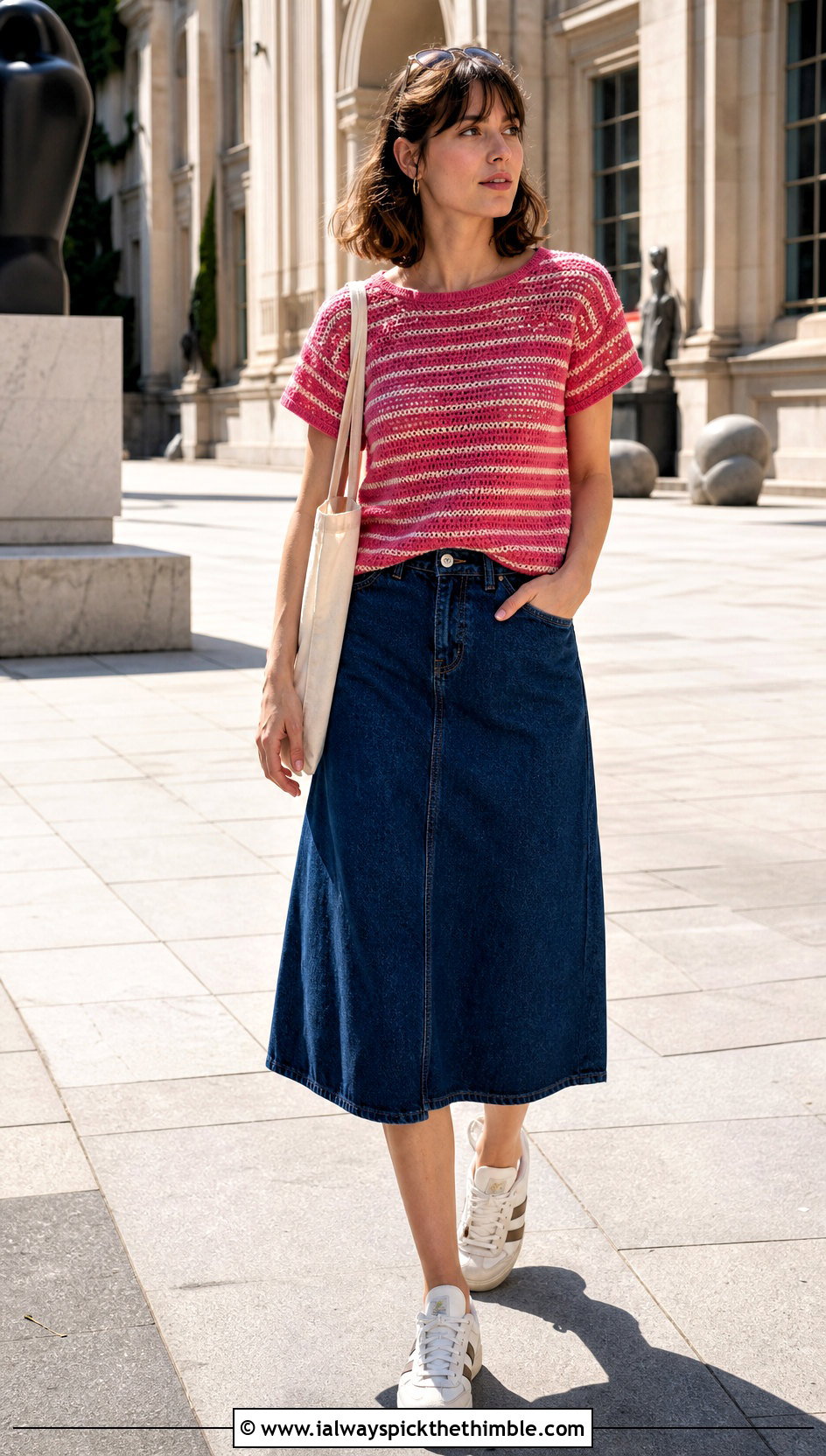 Striped Crochet T Shirt With Denim Midi Skirt - 25 Fast Crochet Top outfit ideas