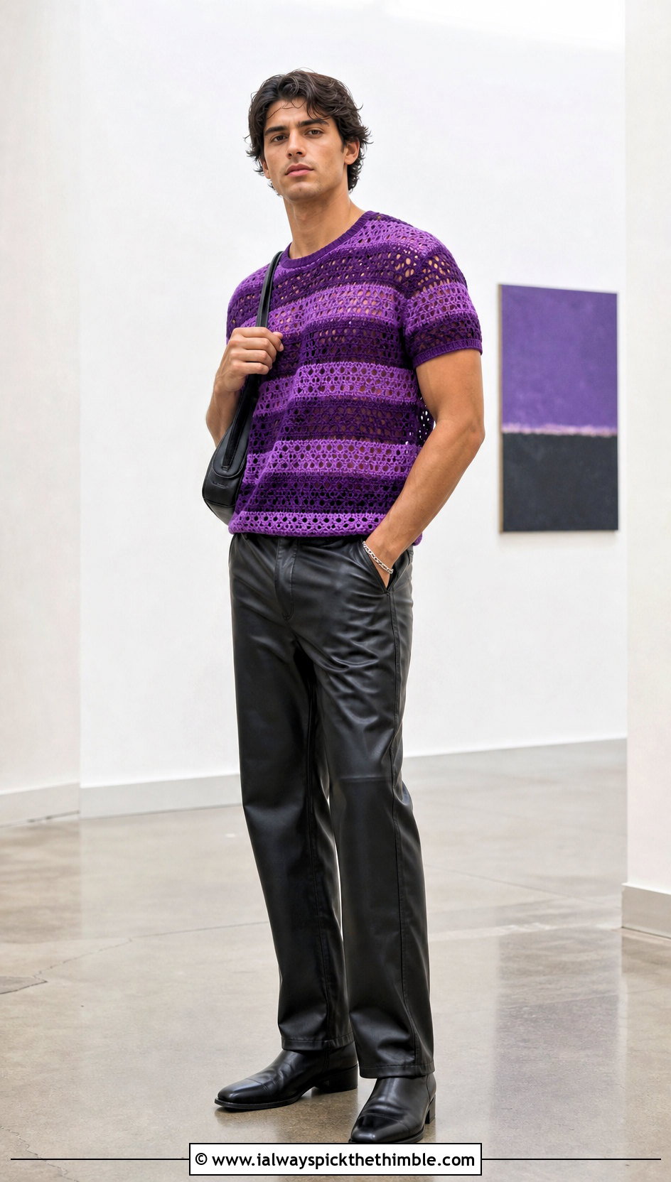 Striped Crochet T Shirt With Leather Pants - 15 men's crochet top outfit ideas