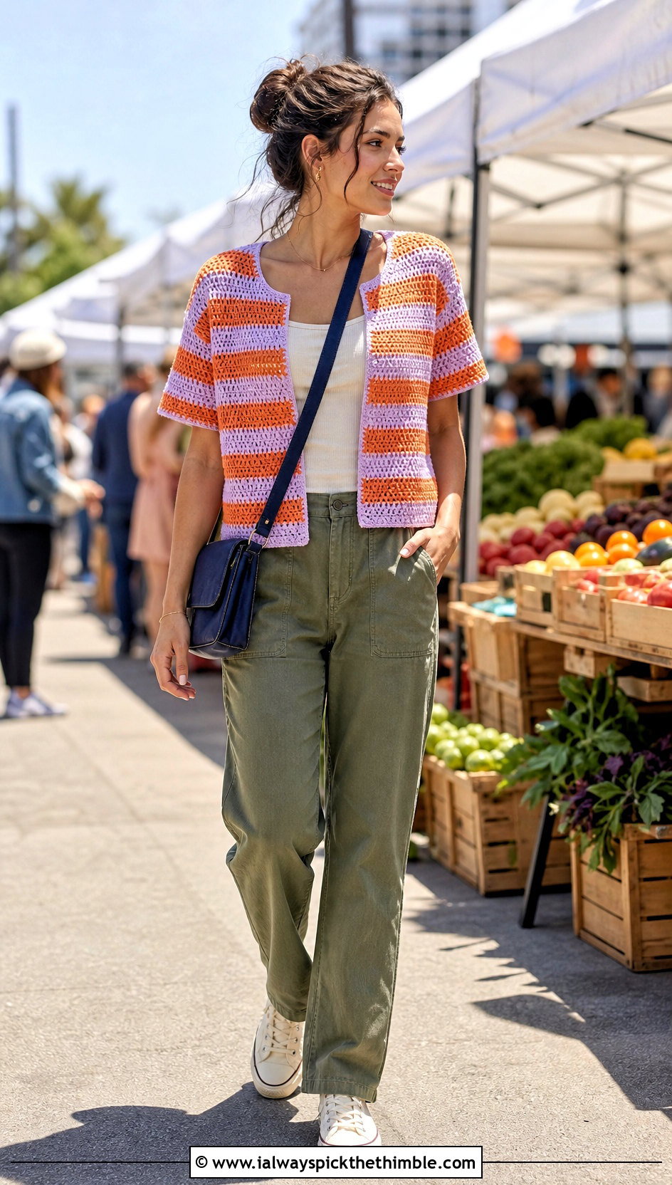 Striped Crochet T Shirt With Utility Pants - 25 Easy Crochet Top outfit ideas
