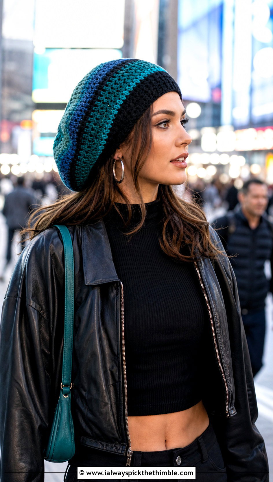 Striped Crochet Tam With Leather Jacket - 15 crochet hats stripes outfit ideas