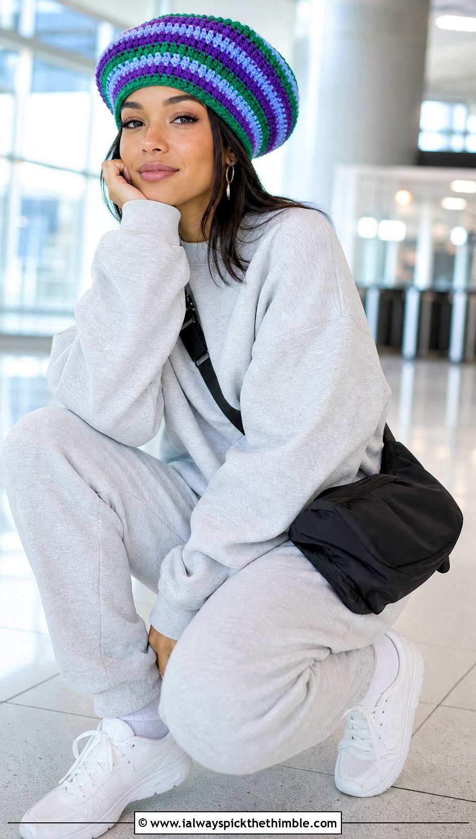 Striped Crochet Tam With Sweatshirt And Track Pants - 20 flat crochet hat outfit ideas