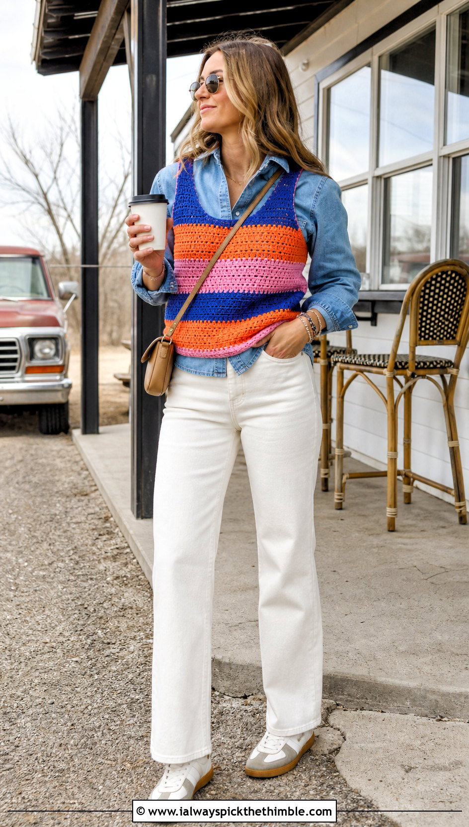 Striped Crochet Tank Over A Denim Shirt - 20 Crochet Top Layering Outfit ideas