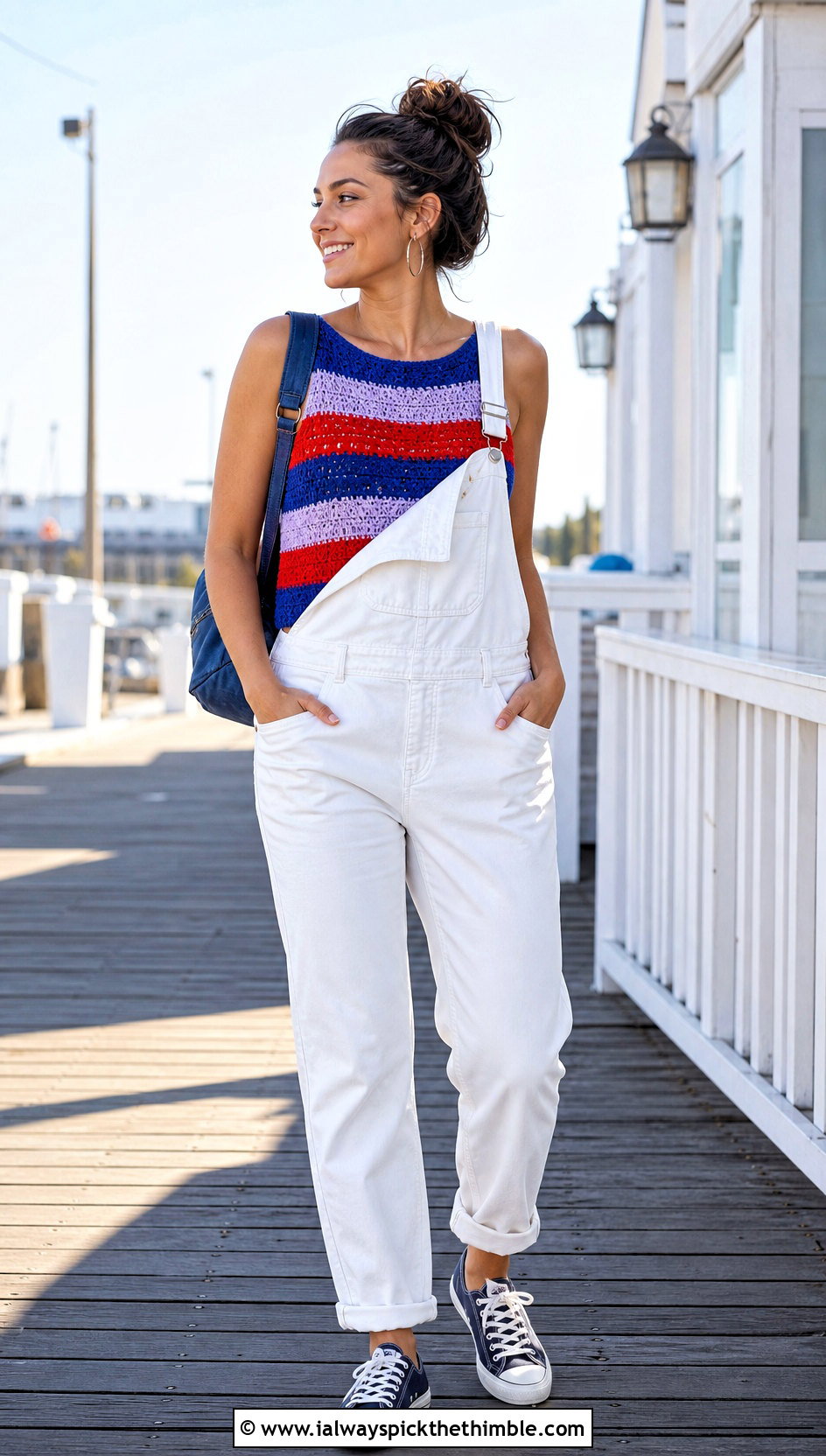 Striped Crochet Tank Top With Overalls - 25 crochet top for summer outfit ideas