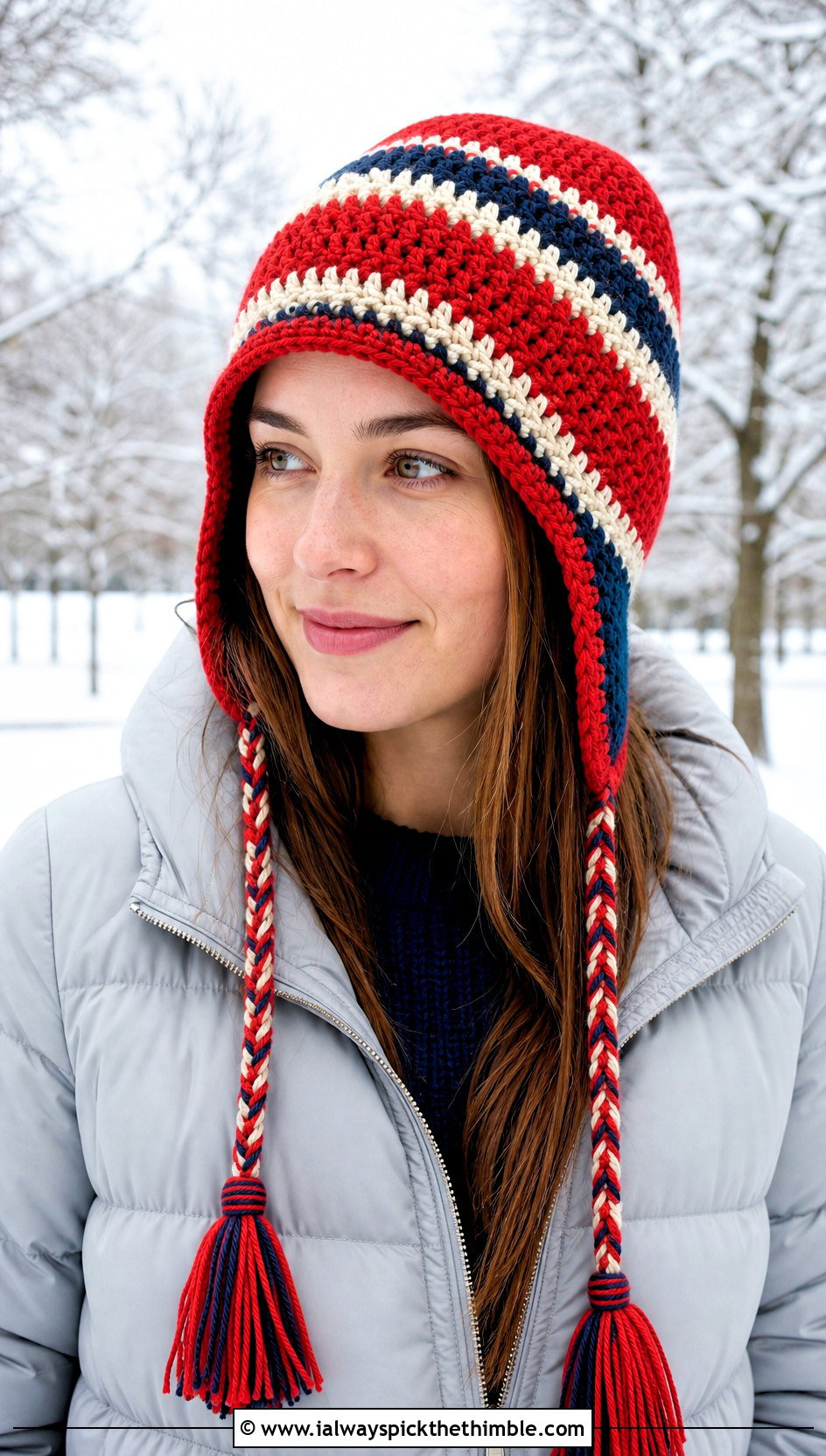 Striped Crochet Tassel Flap Hat With Puffer Coat - 20 crochet flap hat outfit ideas