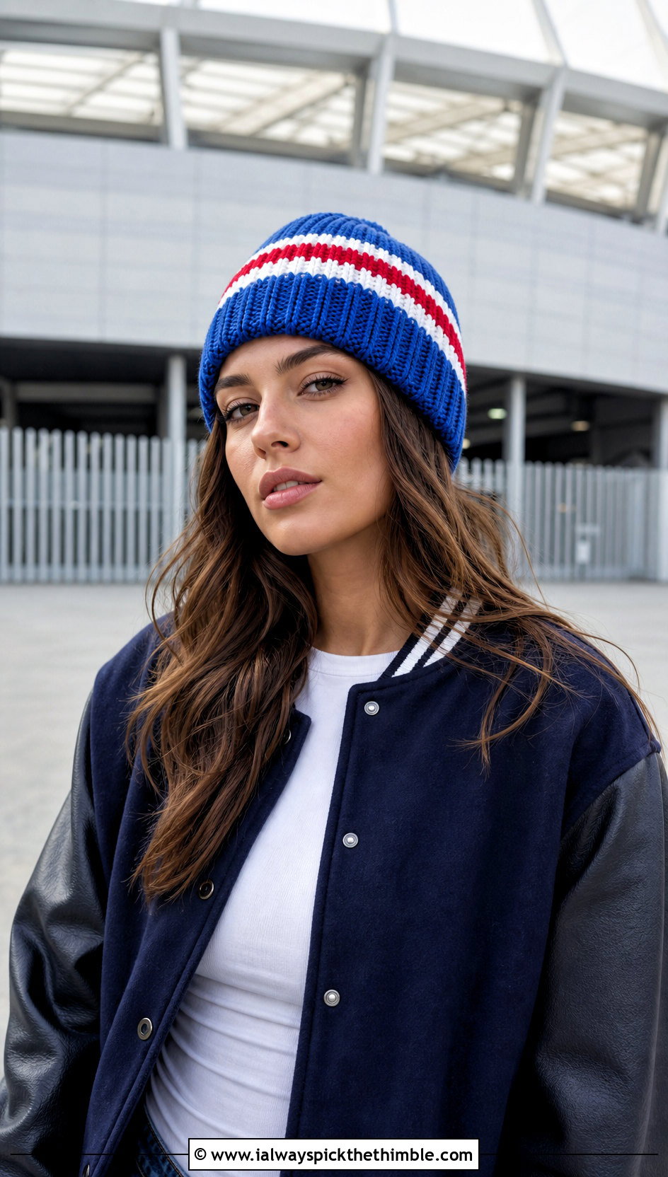 Striped Crochet Team Beanie With Varsity Jacket - 15 Crochet Football Team Hat outfit ideas