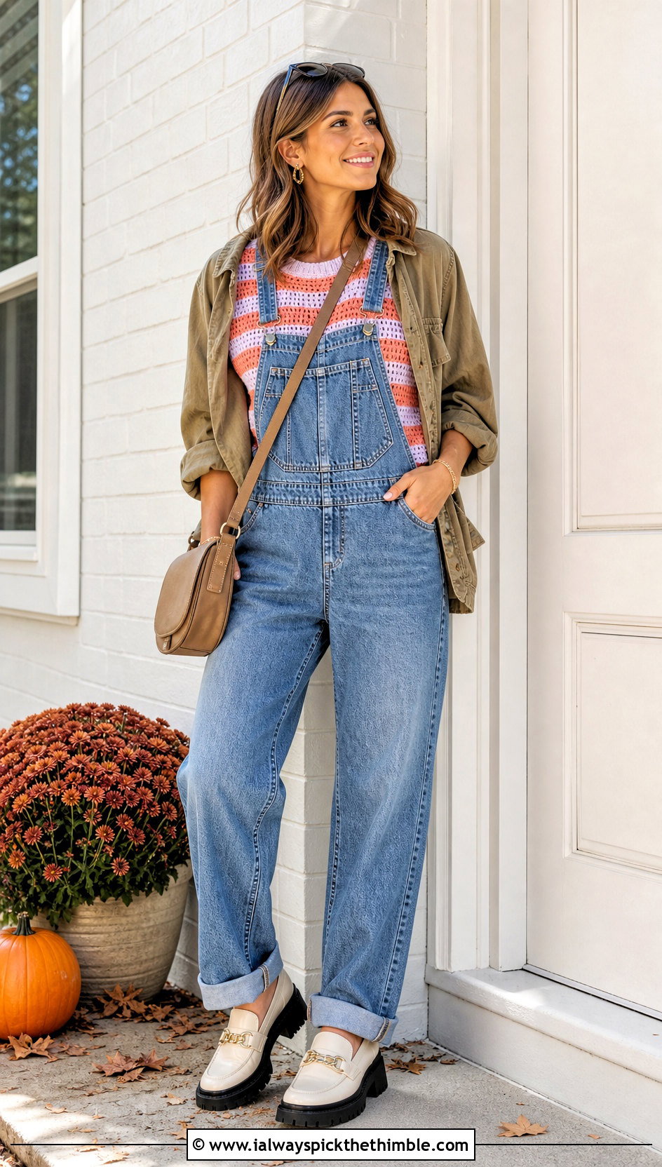 Striped Crochet Tee With Denim Overalls - 20 Crochet Tops For Fall outfit ideas