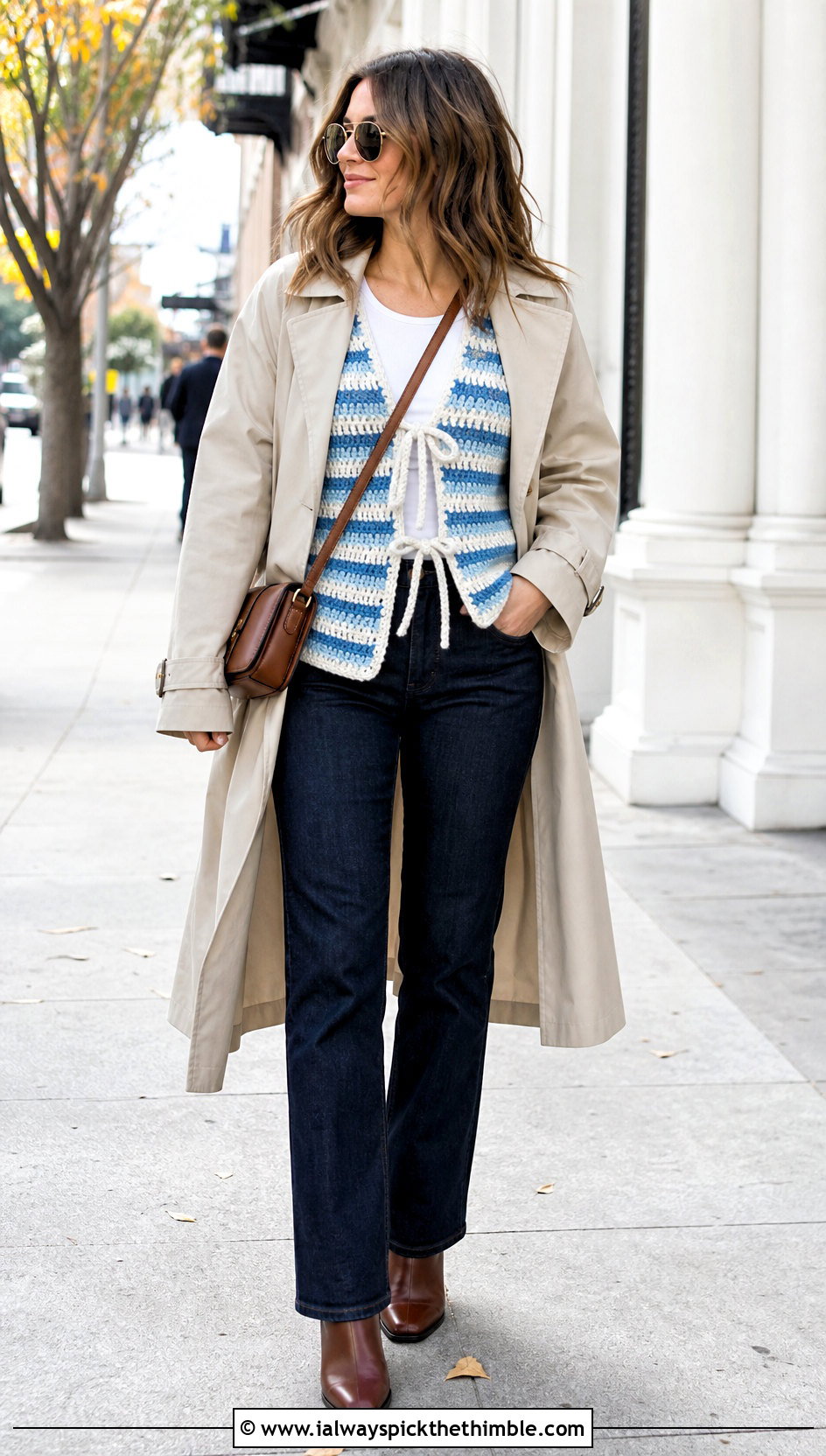 Striped Crochet Tie Cardigan With Trench Coat And Jeans - 25 crochet tie cardigan outfit ideas
