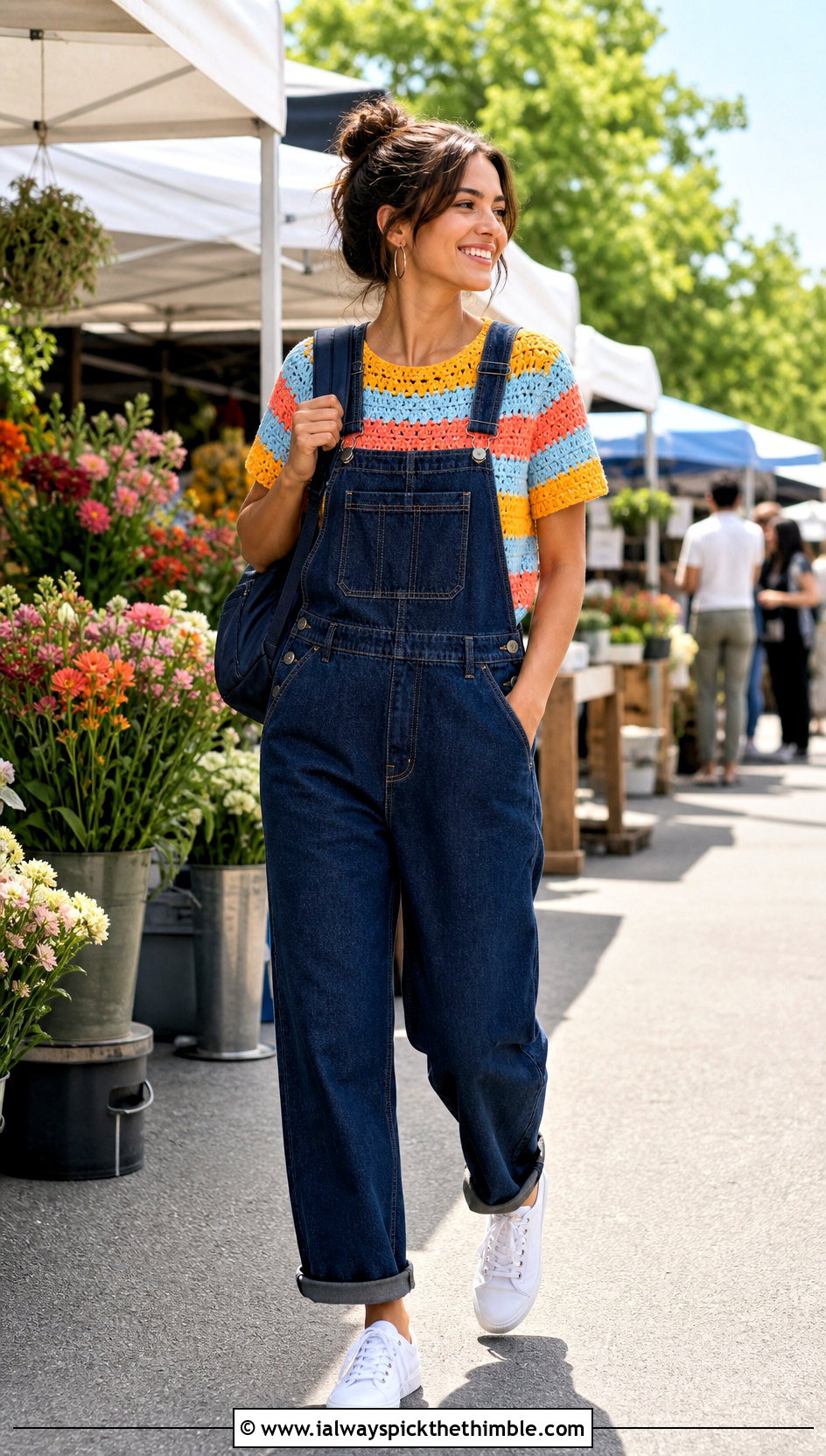 Striped Crochet Top With Denim Overalls - 25 Belly Crochet Top outfit ideas