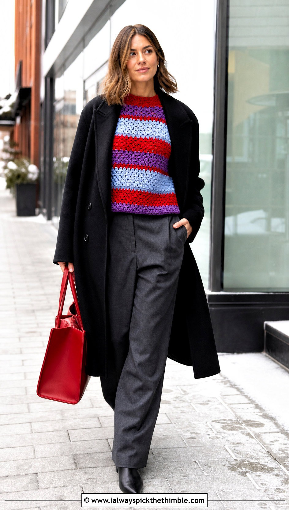 Striped Crochet Top With Relaxed Suit - 25 winter crochet top outfit ideas
