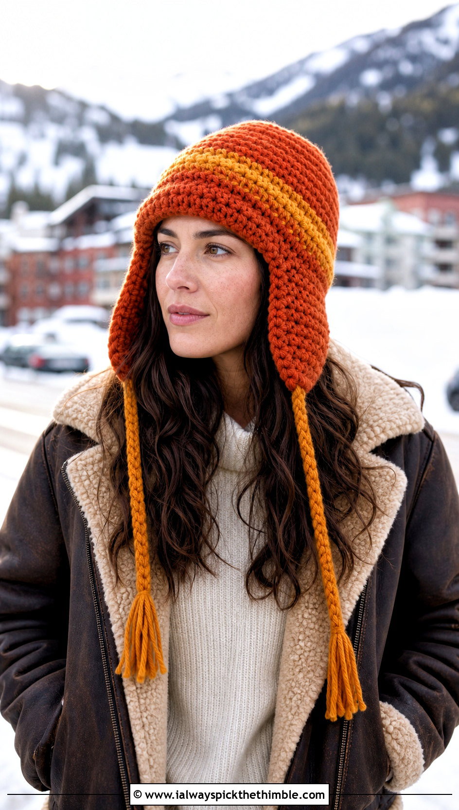 Striped Crochet Trapper Hat With Shearling Jacket And Cargo Jeans - 20 striped crochet hat outfit ideas