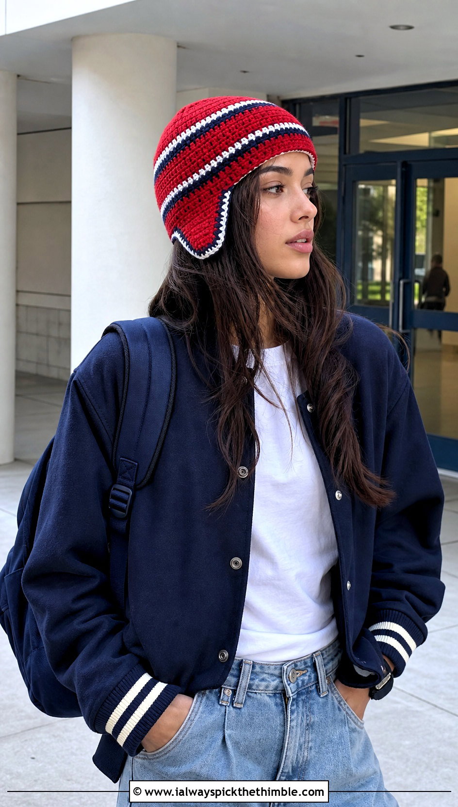 Striped Crochet Trapper Hat With Varsity Jacket - 25 Crochet Trapper Hat outfit ideas