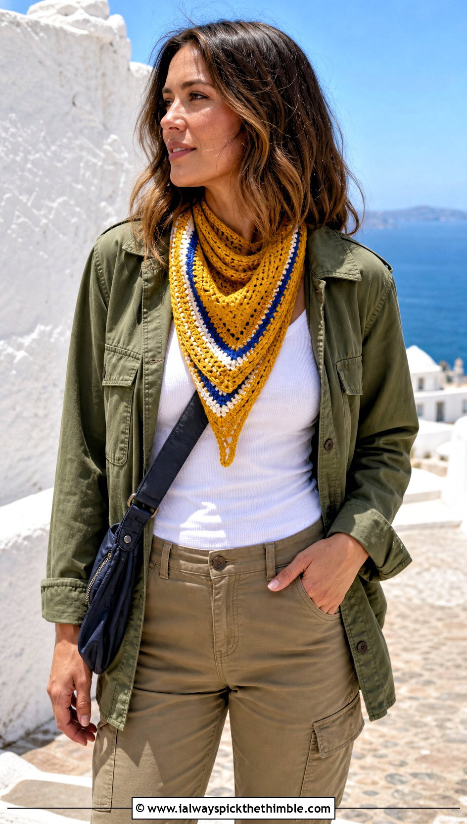 Striped Crochet Triangle Scarf With Utility Jacket And Cargo Pants - 25 crochet triangle scarf outfit ideas