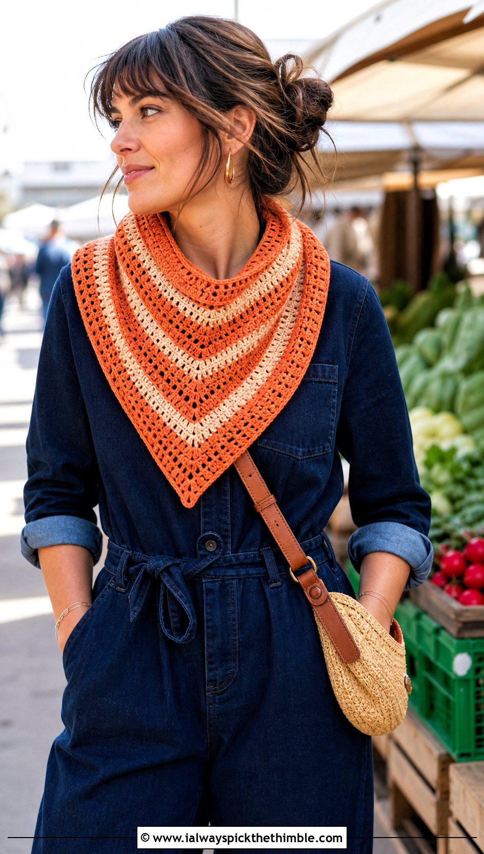 Striped Crochet Triangle Shawl With Denim Jumpsuit - 25 crochet triangle shawl outfit ideas