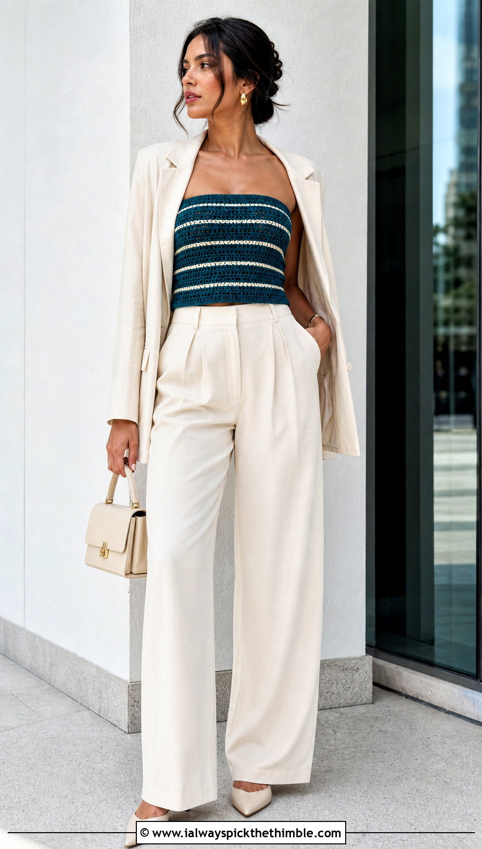 Striped Crochet Tube Top With Tailored Trousers - 25 crochet tube tops outfit ideas