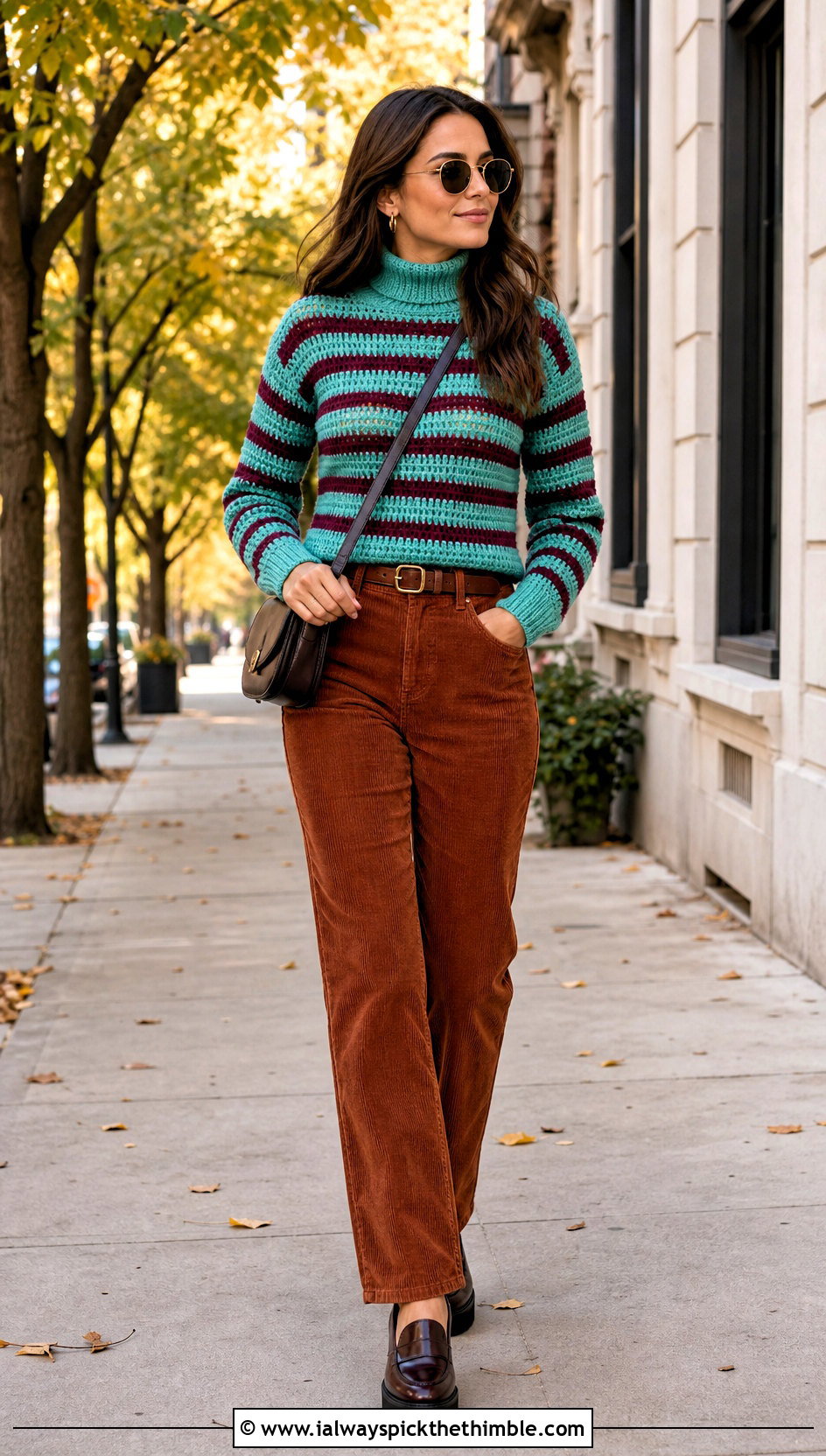 Striped Crochet Turtleneck Top With Corduroy Pants - 20 crochet turtleneck top outfit ideas