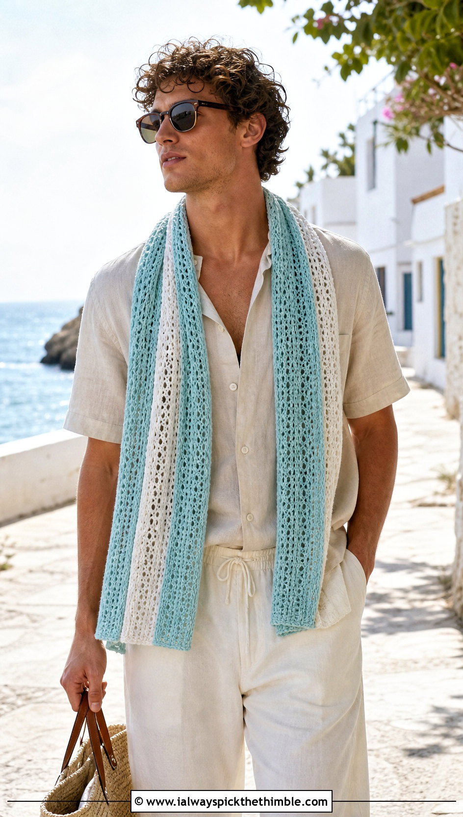 Striped Crochet Unisex Scarf With Summer Linen Outfit - 15 Crochet Unisex Scarf outfit ideas
