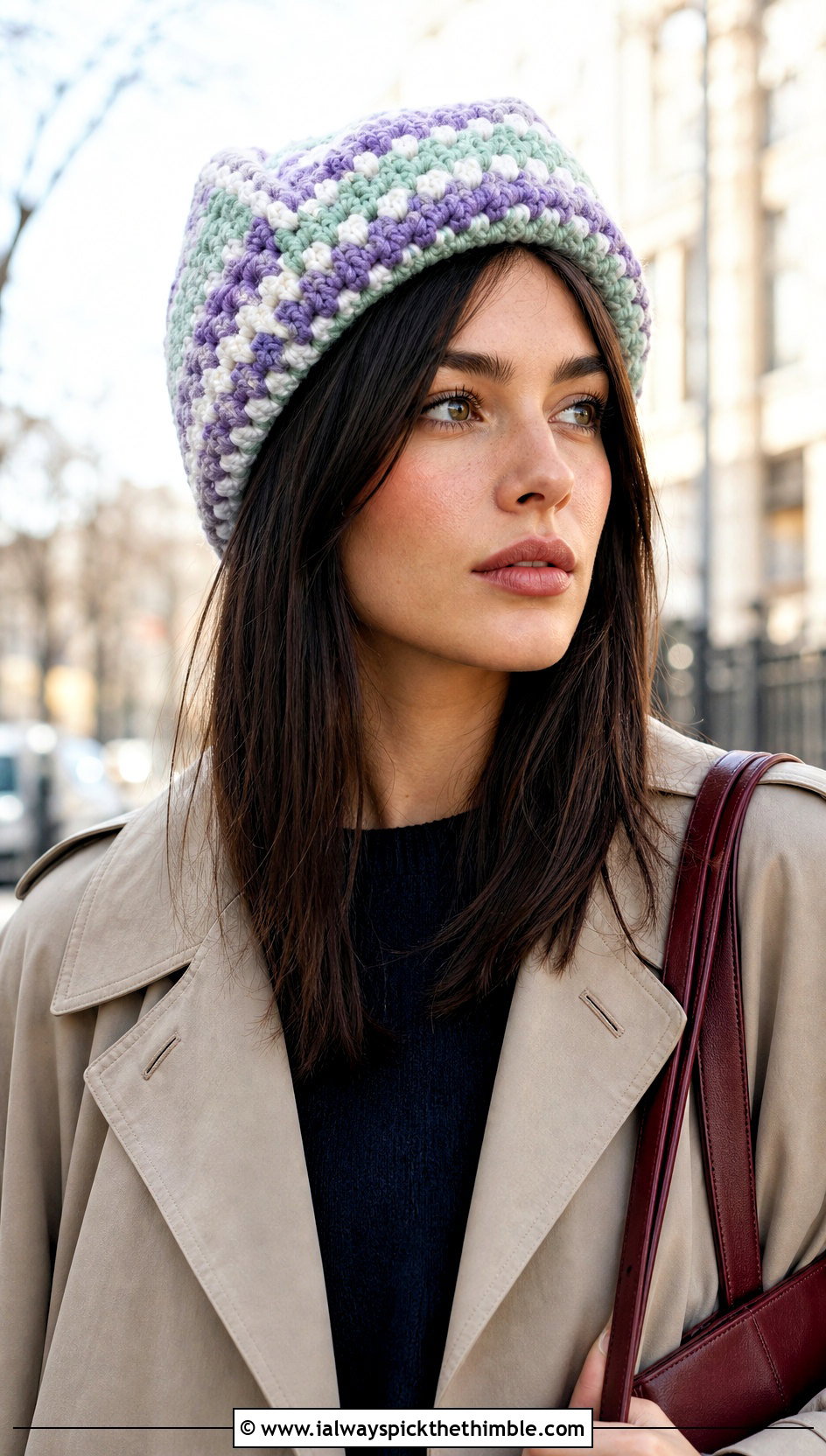 Striped Crochet Ushanka Hat With Trench Coat - 20 crochet ushanka hat outfit ideas