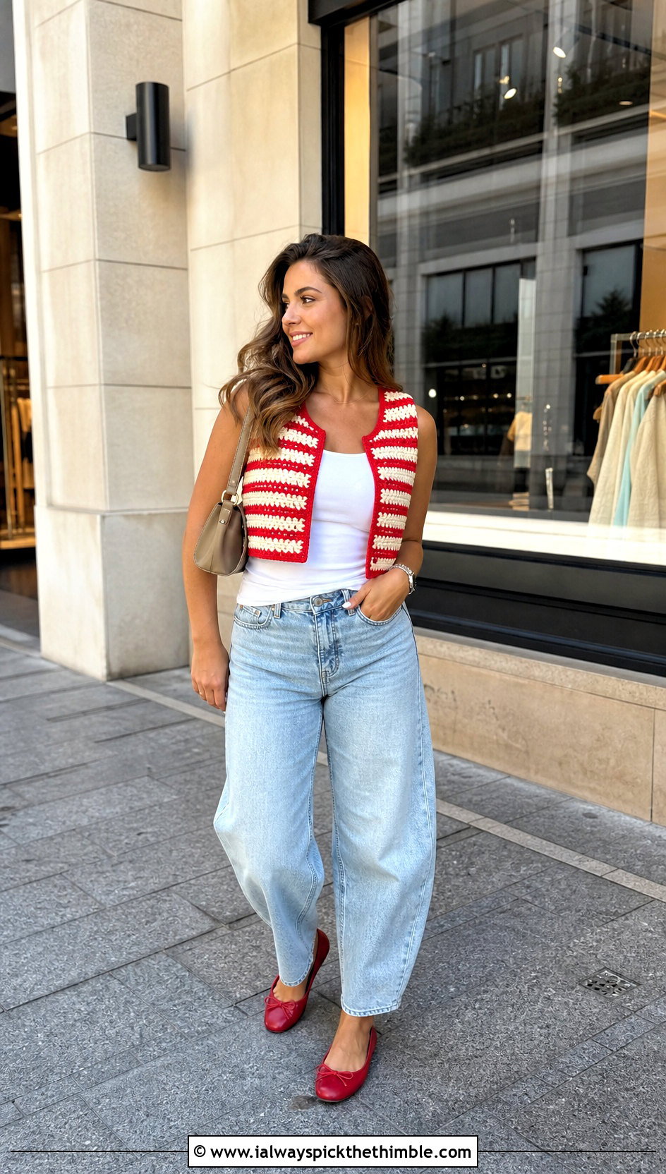 Striped Crochet Vest With Barrel Leg Jeans - 25 crochet vest outfit ideas