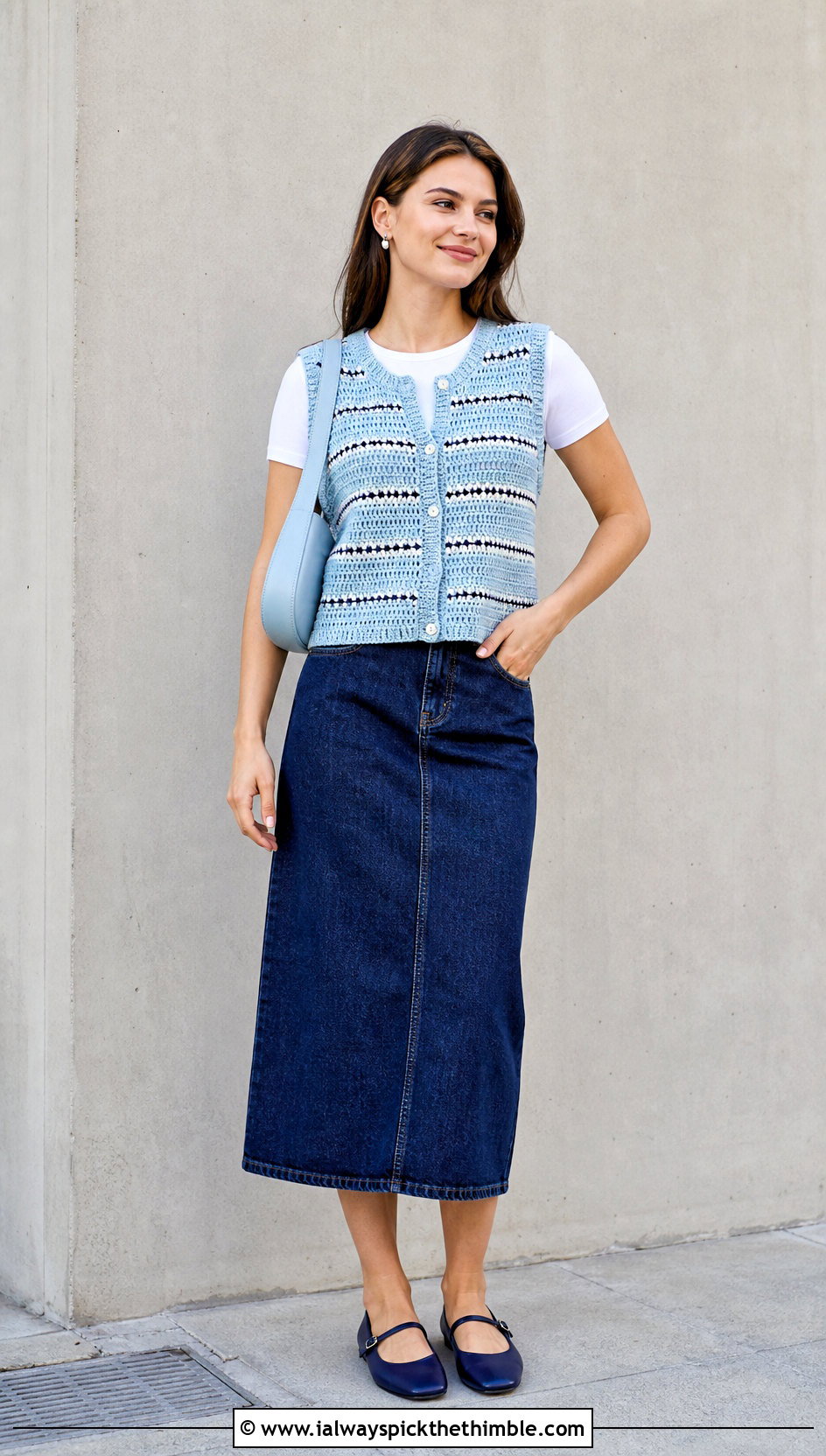 Striped Crochet Vest With Denim Midi Skirt - 20 Easy Crochet Vest For Beginners outfit ideas
