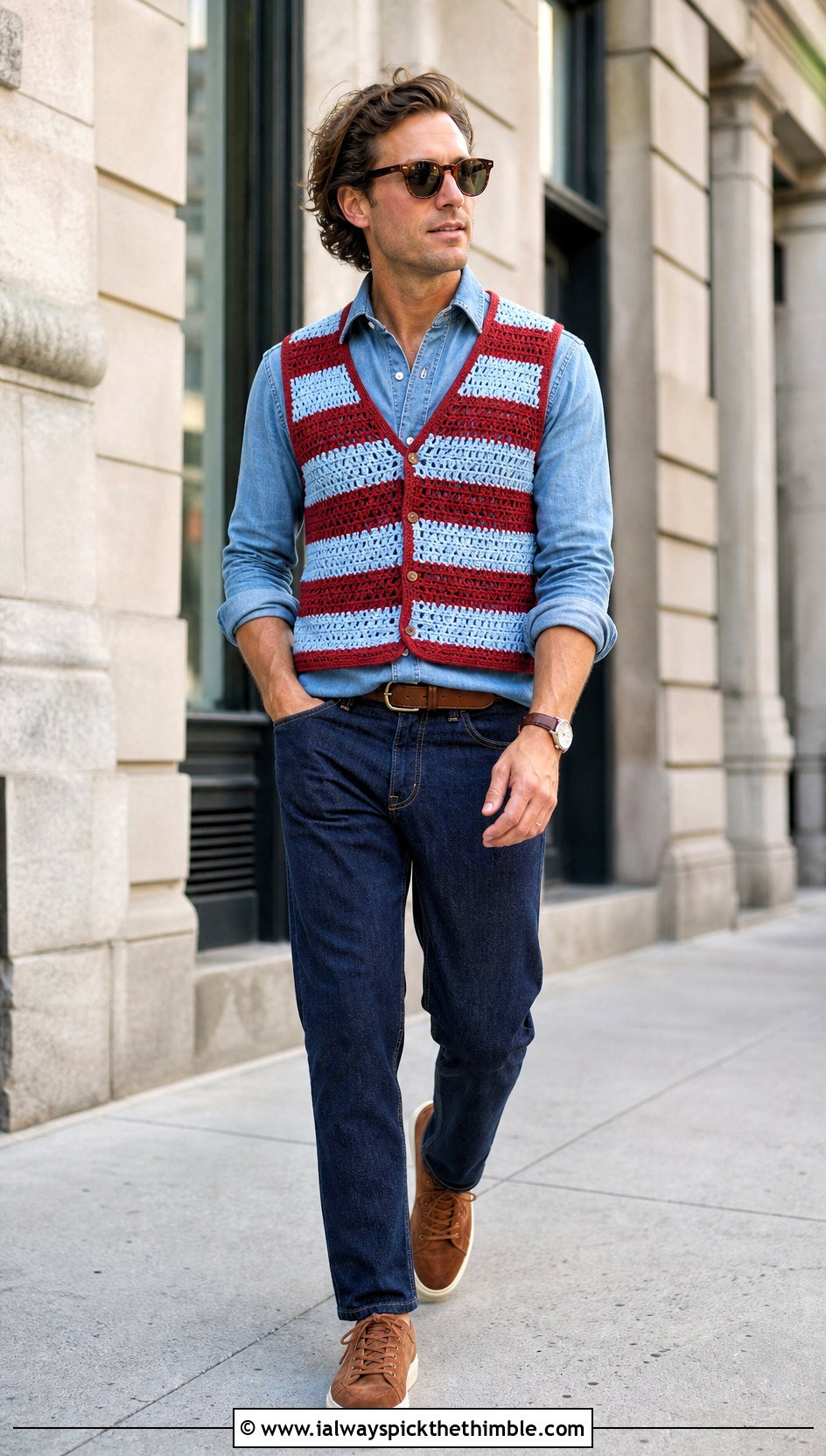 Striped Crochet Vest With Denim Shirt And Dark Jeans - 20 mens crochet vest outfit ideas
