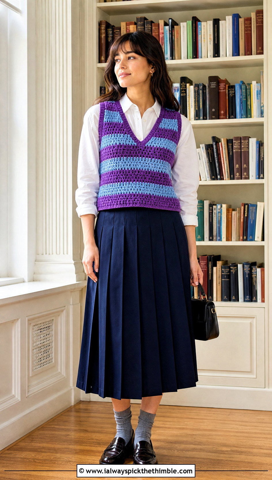 Striped Crochet Vest With Oxford Shirt And Midi Skirt - 20 Cute Things To Crochet Clothes and outfit ideas