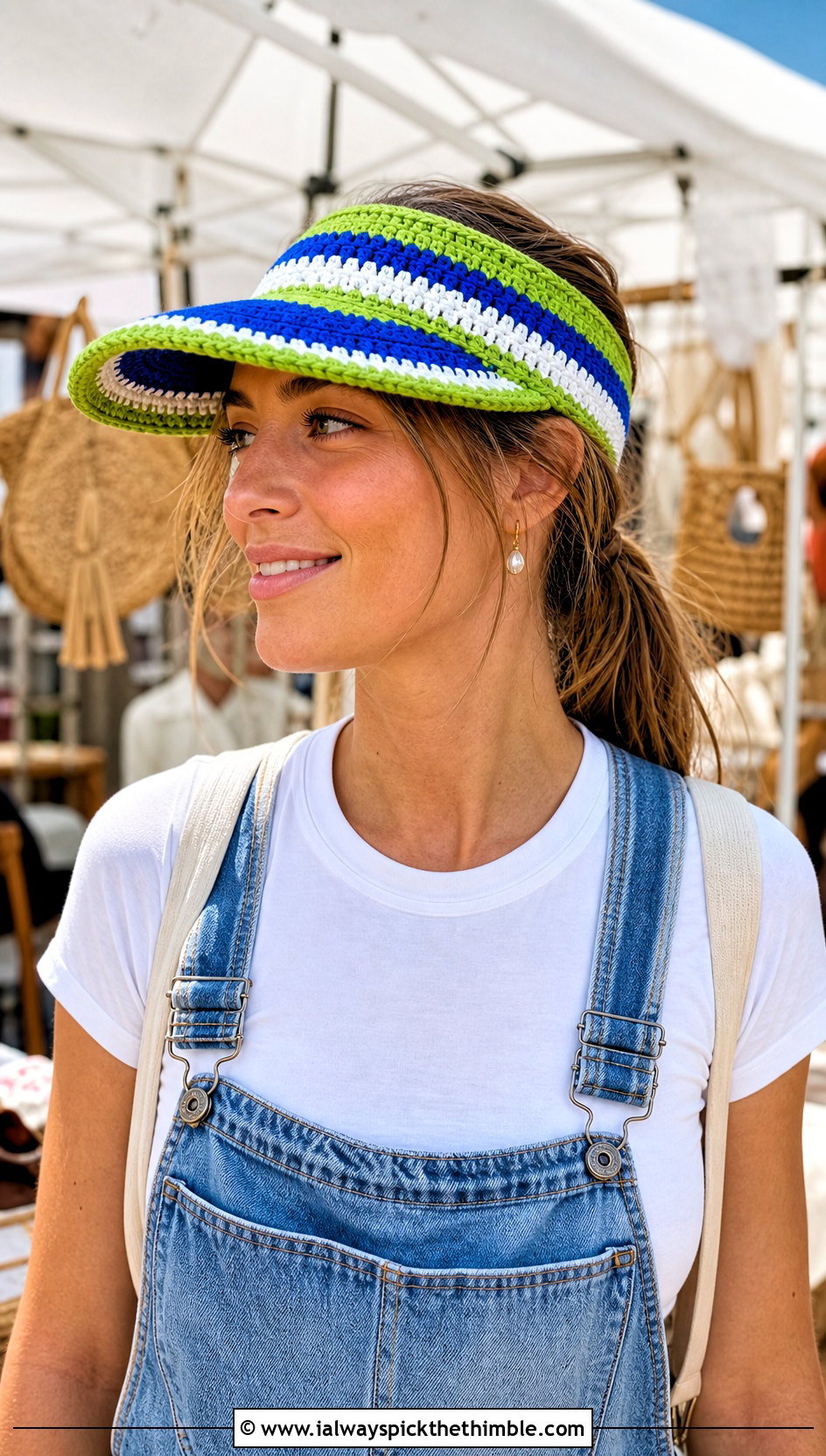 Striped Crochet Visor Hat With Overalls And Sneakers - 20 crochet visor hat outfit ideas