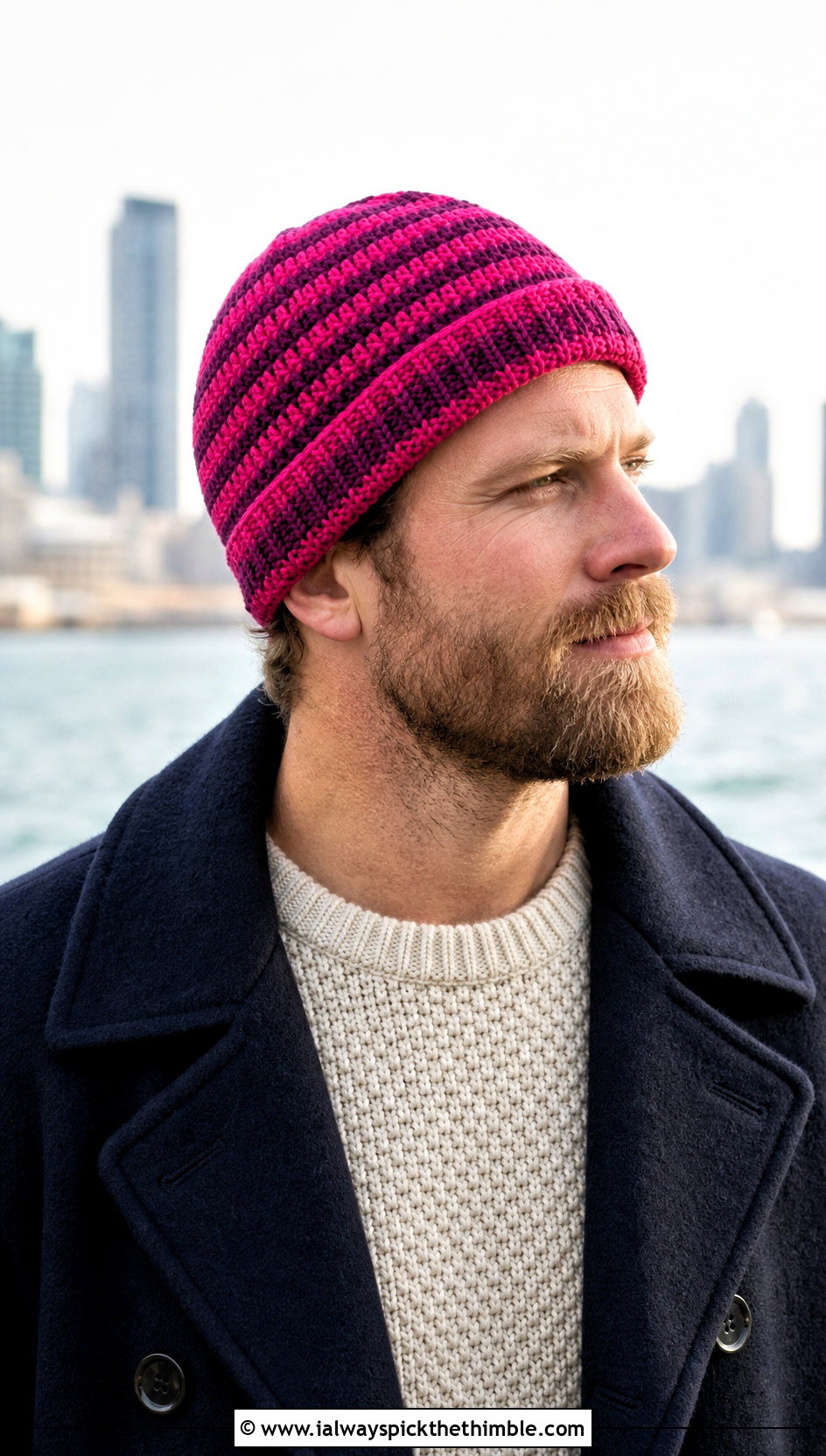 Striped Crochet Watch Cap With Pea Coat - 25 mens crochet hat outfit ideas